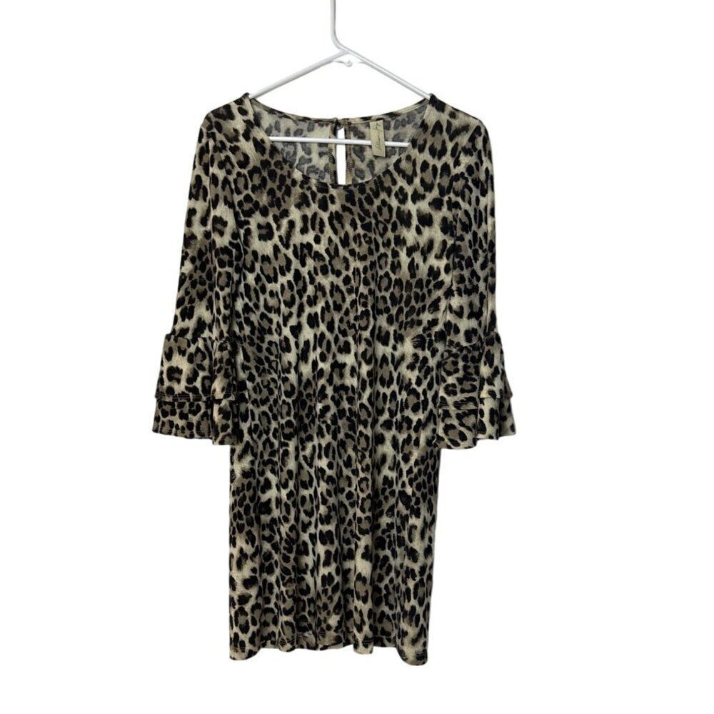 Allison Joy Leopard Print Dress XS With Ruffled Sleeves & Keyhole Back
